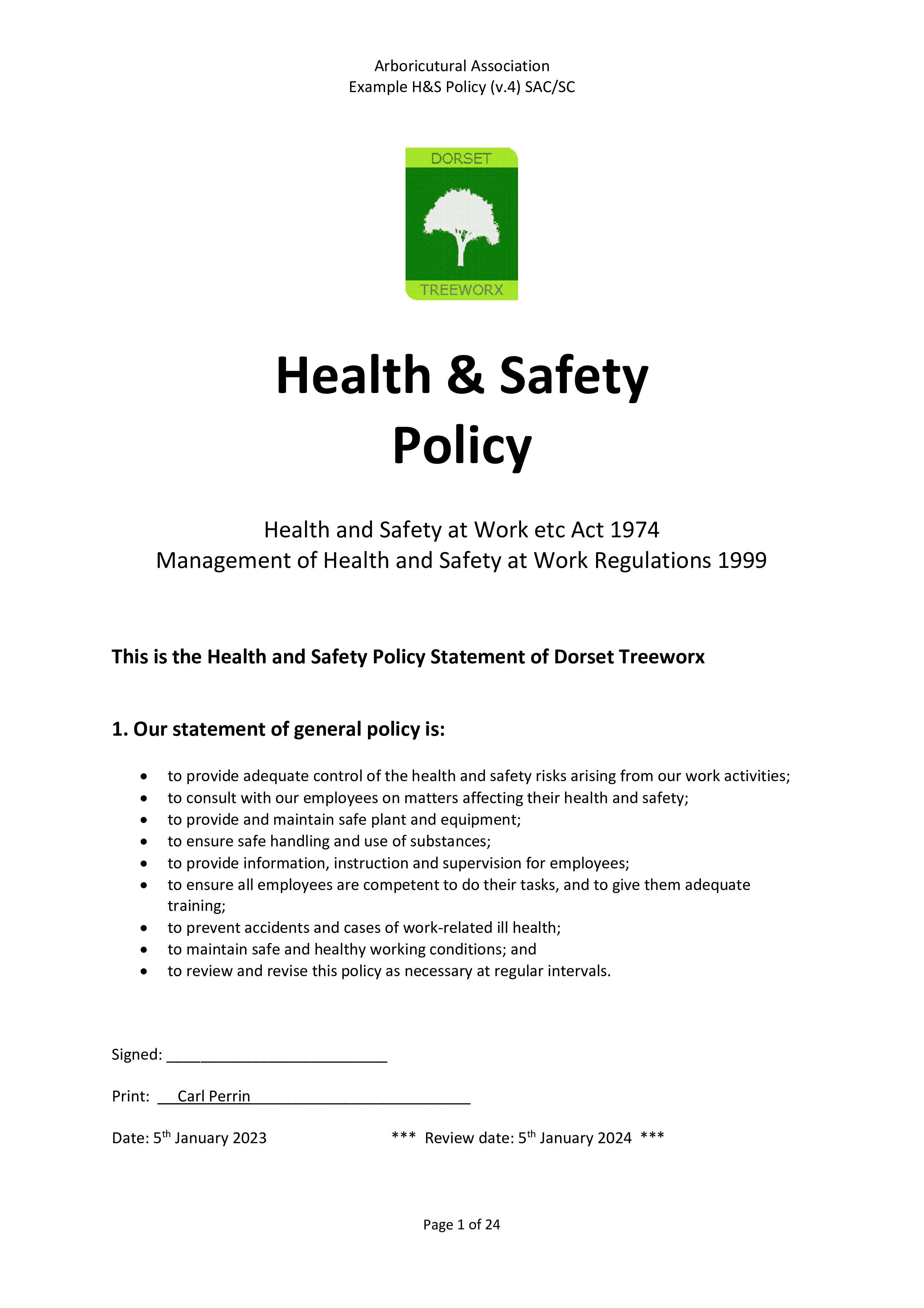 Weymouth Tree Surgeon | Health & Safety Policy | Dorset Treeworx Ltd.