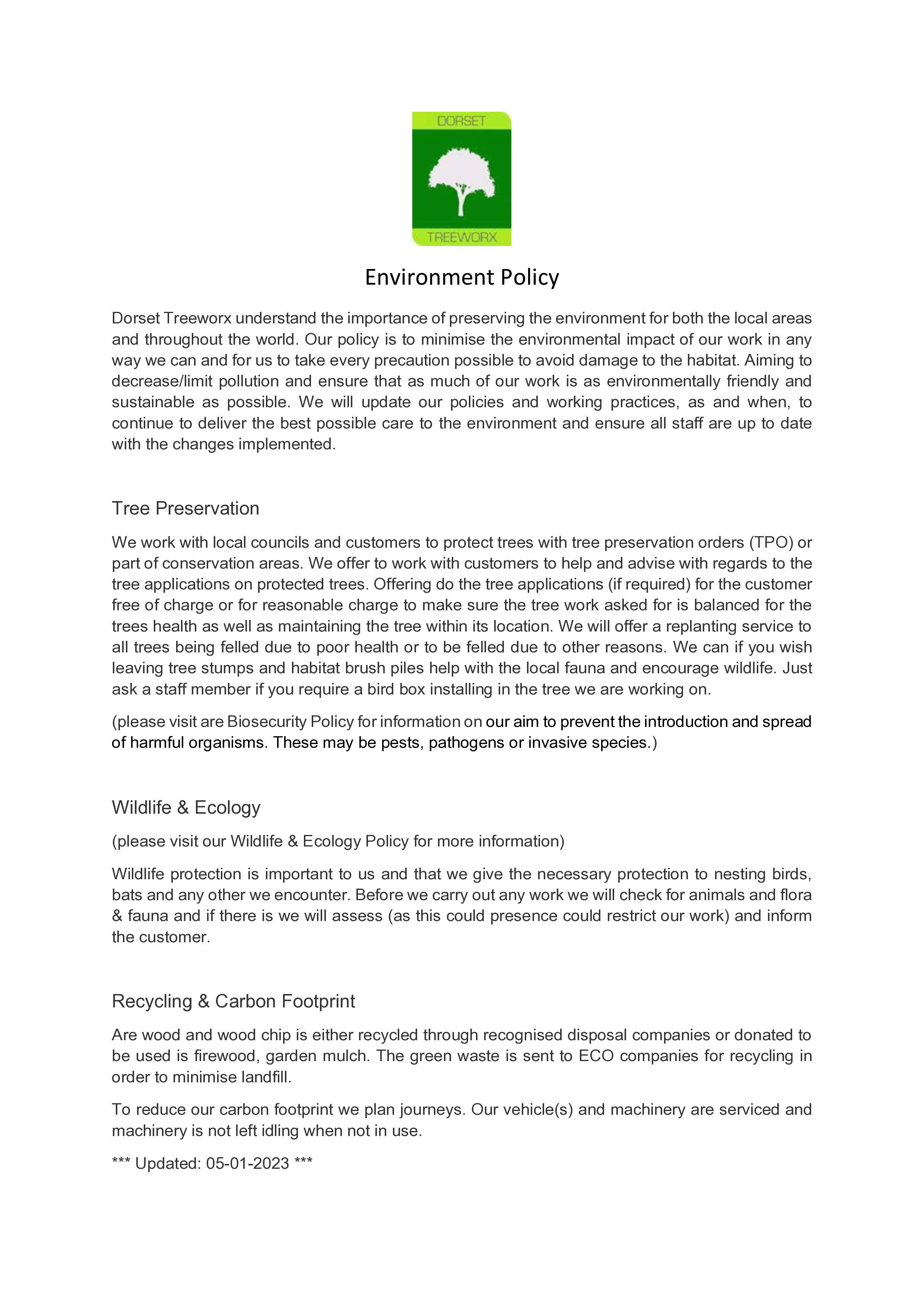 Weymouth Tree Surgeon | Environment Policy | Dorset Treeworx Ltd.